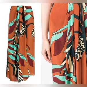 Johanna Ortiz CAPTIVATING STYLE SILK MIDI SKIRT IN RUST & TURQUOISE SZ 0